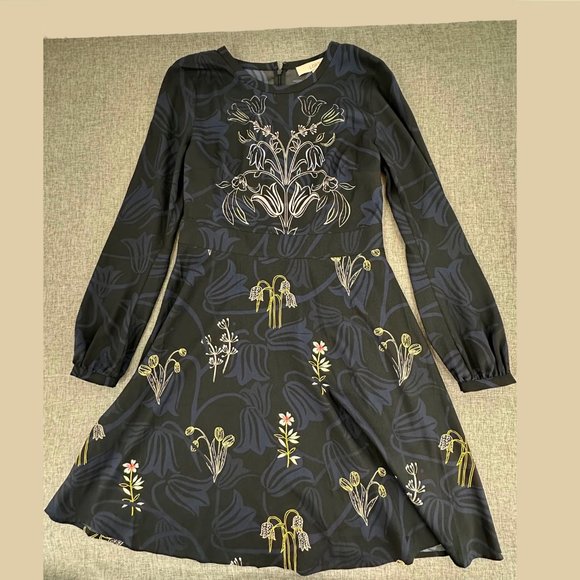 Ann Taylor LOFT Floral Dress Long Sleeve Blue Black Sz 4 Business‎ Work Event - Picture 2 of 15